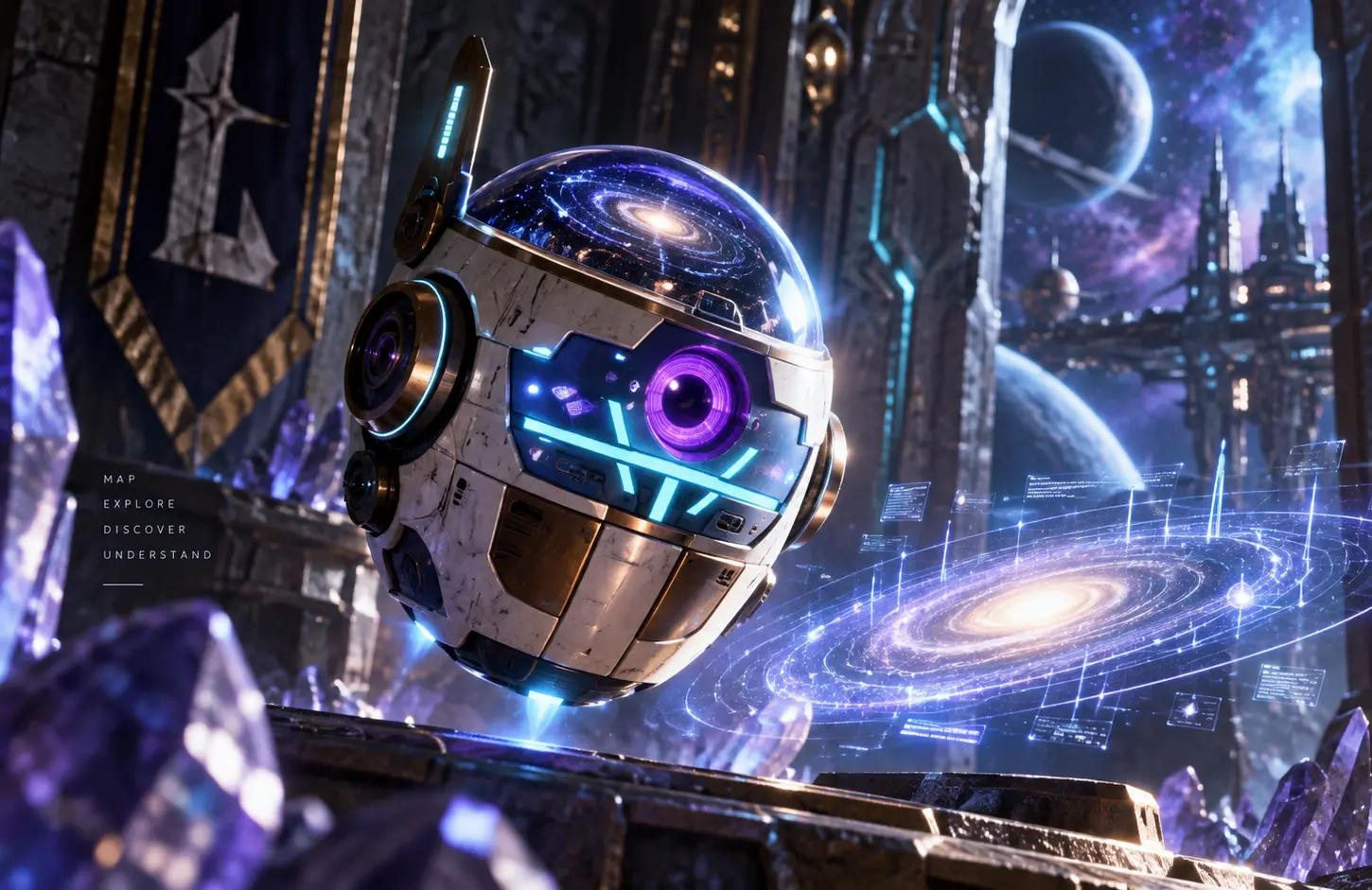 Cyl, a white and gold spherical drone with a glass dome holding a galaxy and a violet eye, hovering among violet crystals in a Lumari hall beside a holographic galaxy map
