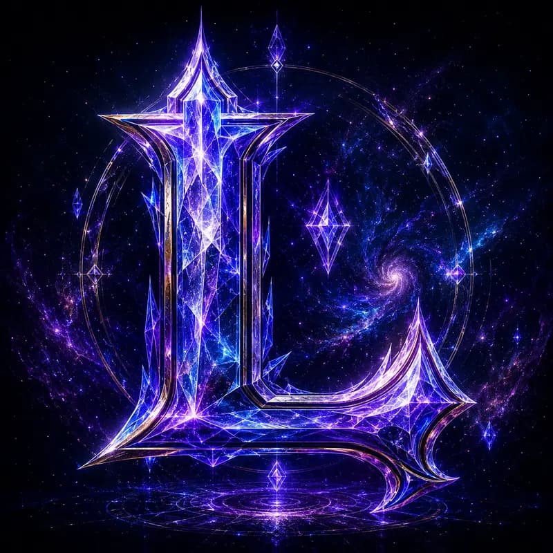 The Lumari sigil: a crystalline violet L inside a ring of light, a spiral galaxy turning behind it