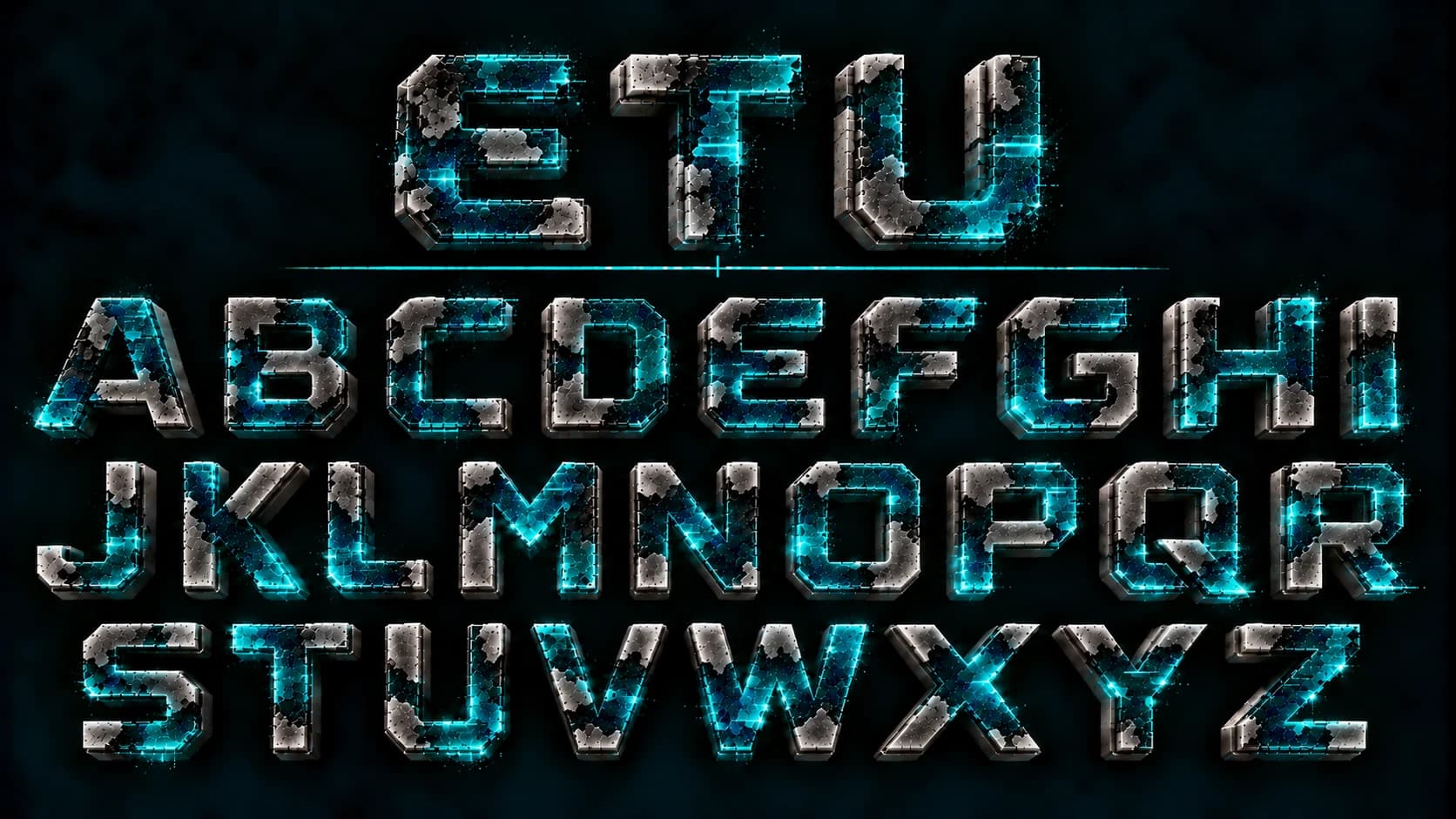 Official ETU 2175 title typography reference sheet: the letters ETU above the full alphabet, in extruded silver and cyan crystal tiles