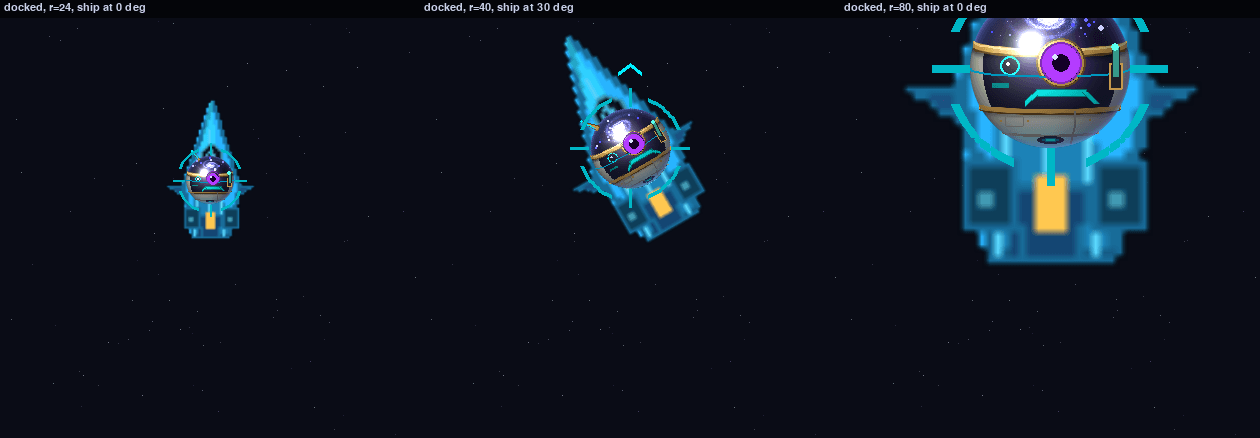 Cyl latched to the player's ship at three zoom levels, her dome lit and her brackets extended