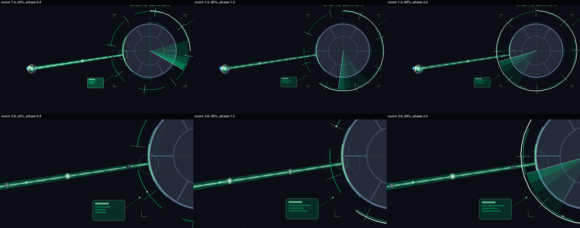 Cyl's survey hologram at two zoom levels and three points of a scan: beam, radar sweep, progress arc and readout cards