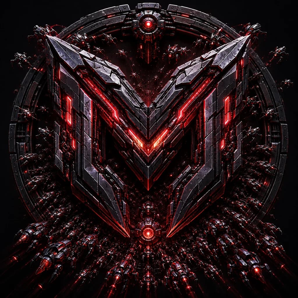The Machine Empire crest, a cracked red-lit M ringed by a swarm of drones